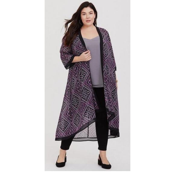 Torrid Women’s Plus Boho Ruana Kimono Duster Open Front 3/4 Sleeve Purple Black - Picture 8 of 8